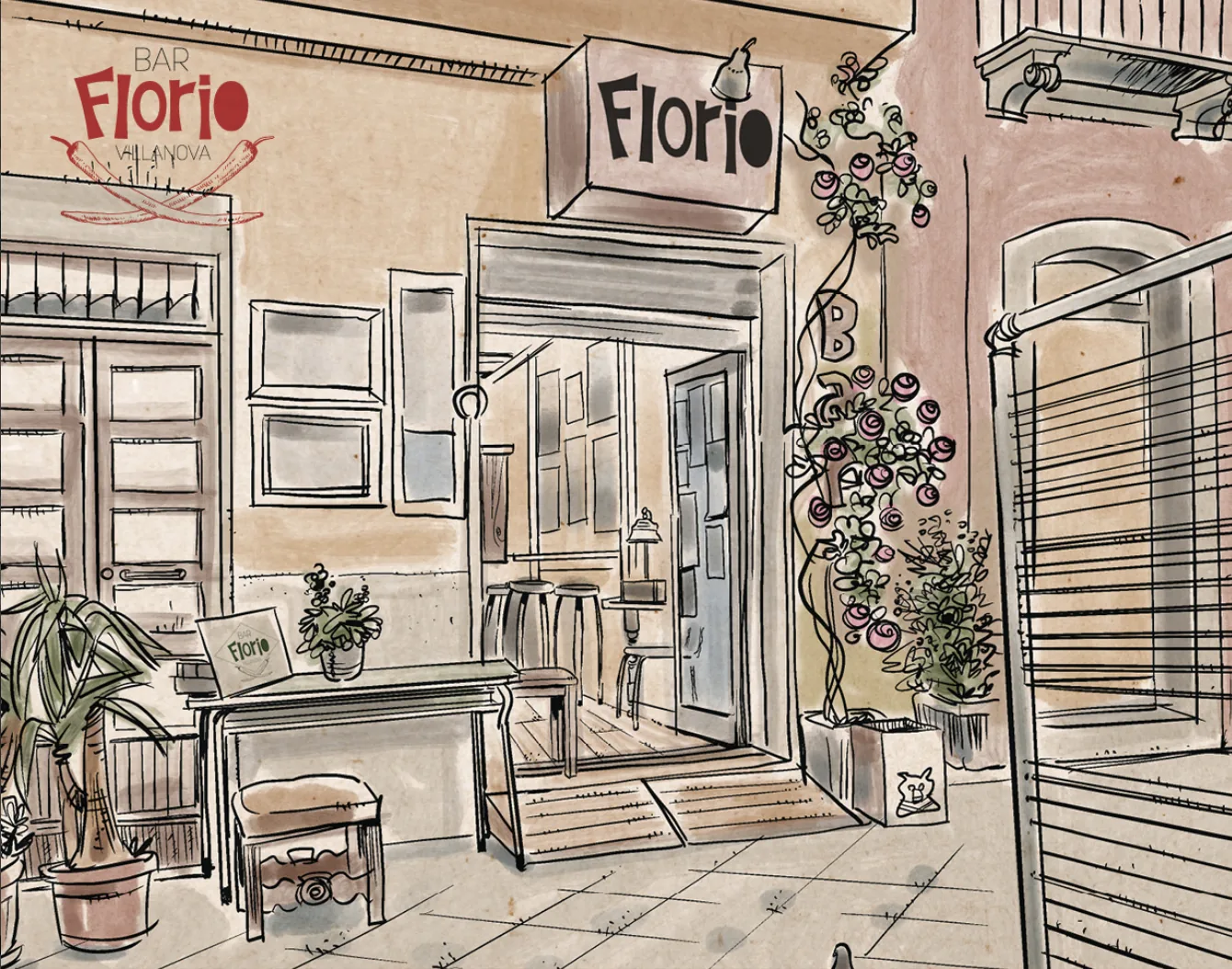 L'illustrazione a china e acquerello di Manuel Putzolu che ritrae l'ingresso del Bar Florio in via San Domenico, con l'insegna, i tavolini e le piante