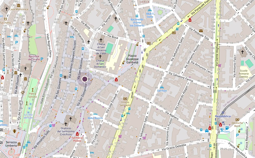 Mappa di Villanova a Cagliari con la posizione del Bar Florio in via San Domenico 90, accanto alla chiesa di San Domenico e vicino a piazza Garibaldi